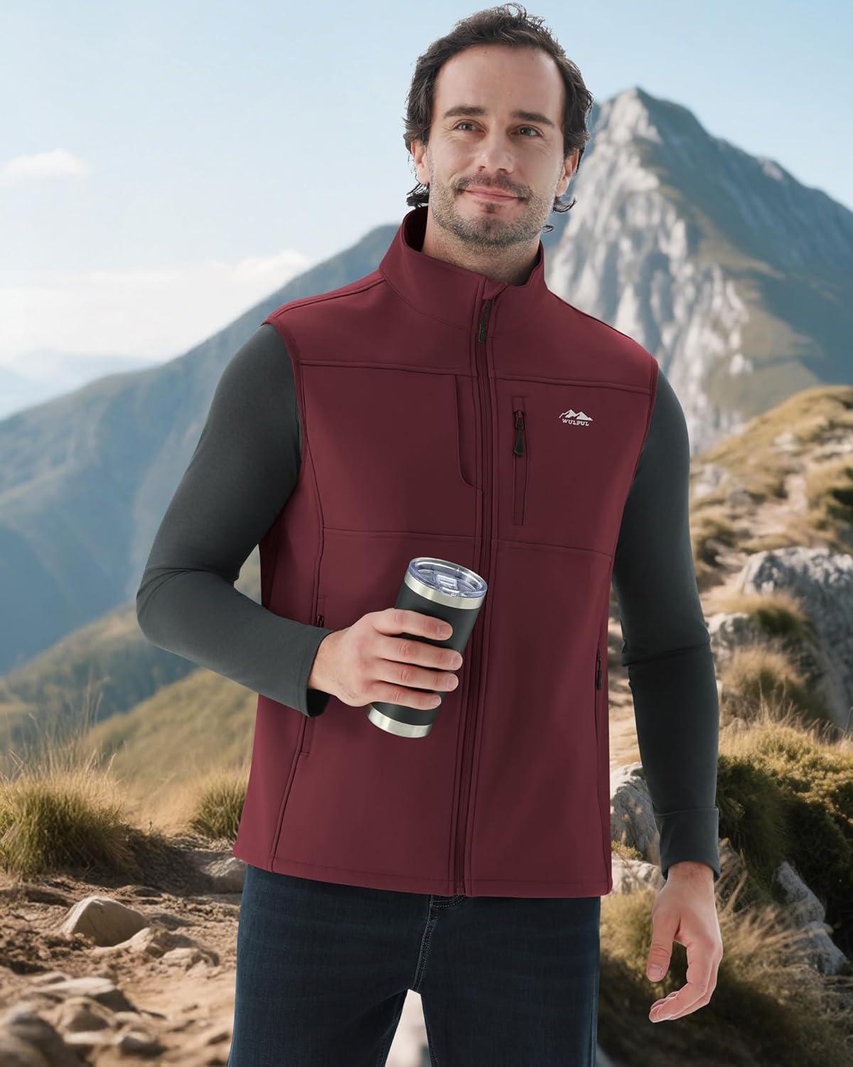 imageWULFUL Mens Windproof Lightweight Golf Vest Outerwear with Pockets Softshell Sleeveless Jacket for Running Hiking SportsWine Red