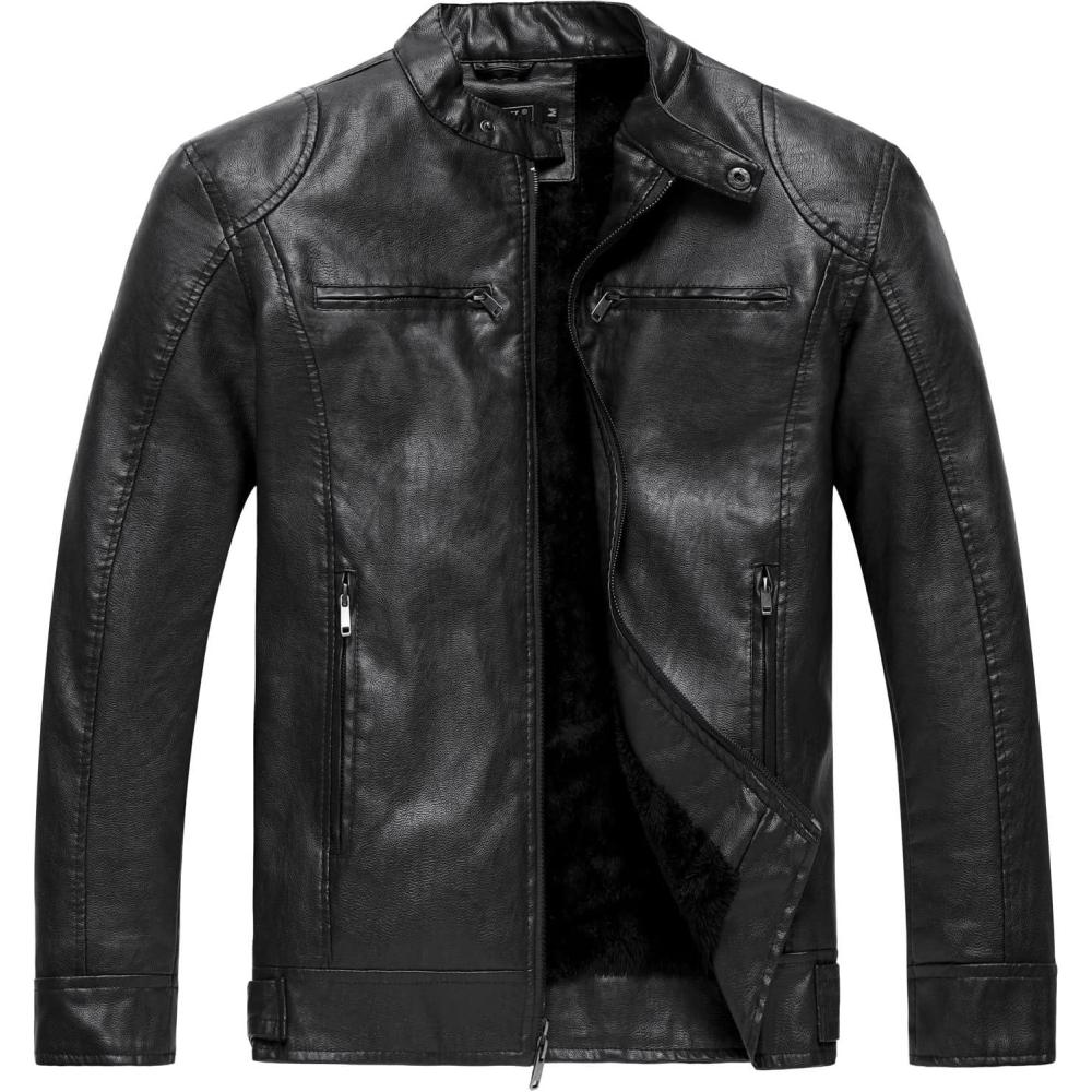 imageWULFUL Mens Vintage Stand Collar Leather Jacket Motorcycle PU Jacket and CoatBlack8806
