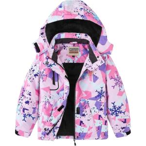 WULFUL Girl’s Waterproof Ski Jacket Warm Fleece Hooded Winter Snow Coat(Pink（snow）)