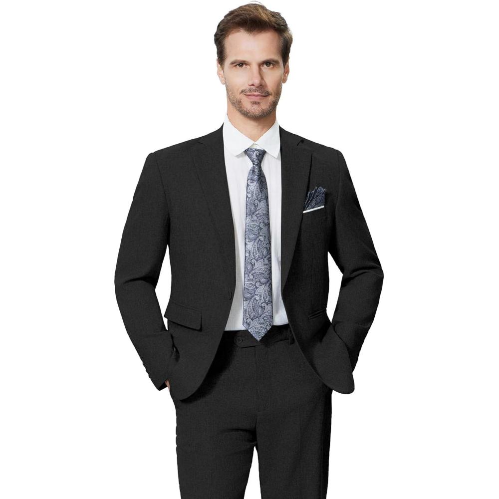 imageWULFUL Mens Slim Fit 2 Piece Suit One Button Solid Blazer Business Party Jacket Vest Pants SetBlack