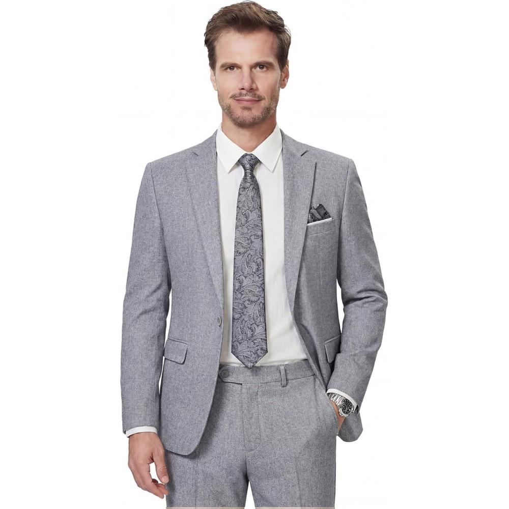 imageWULFUL Mens Slim Fit 2 Piece Suit One Button Solid Blazer Business Party Jacket Vest Pants SetGrey