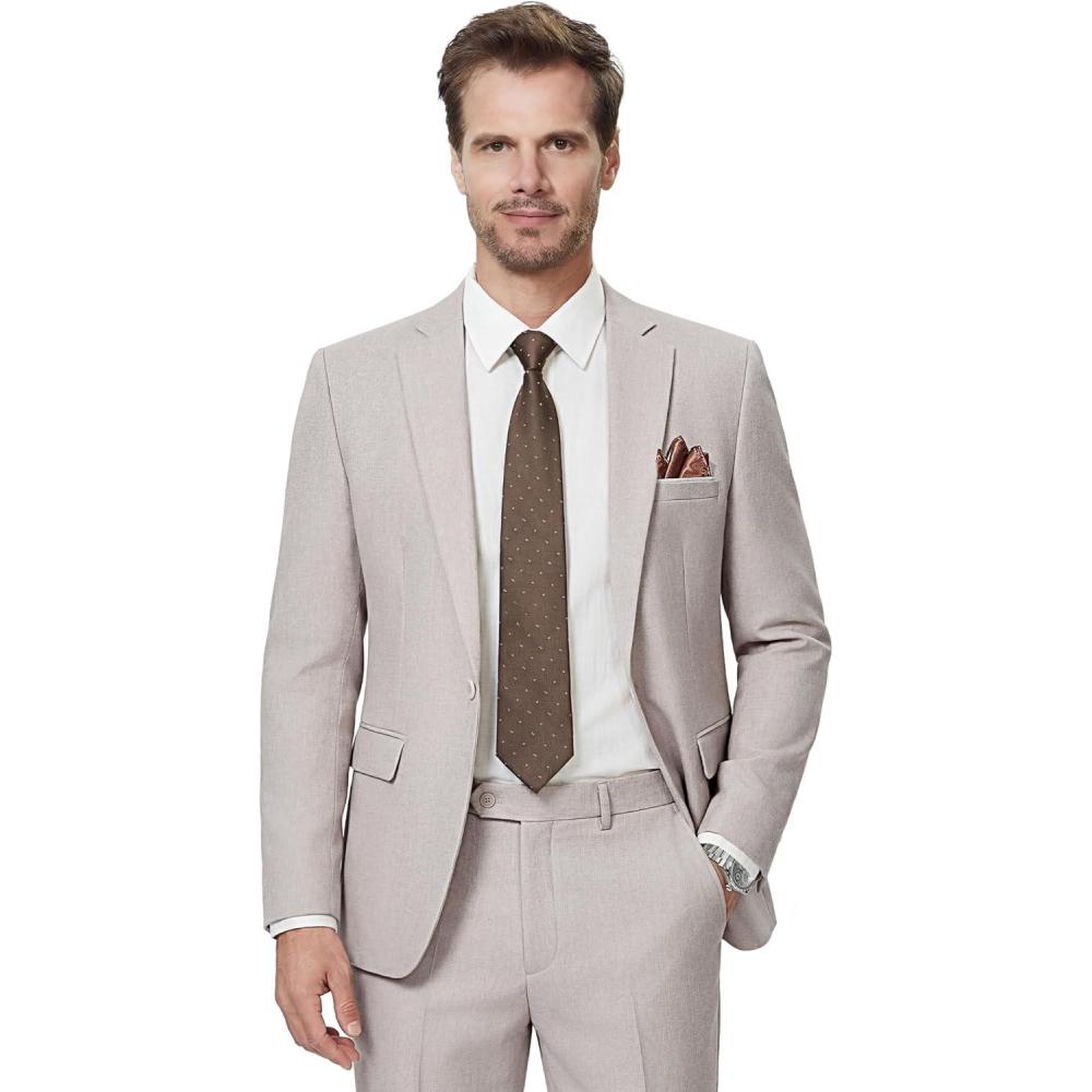 imageWULFUL Mens Slim Fit 2 Piece Suit One Button Solid Blazer Business Party Jacket Vest Pants SetKhaki