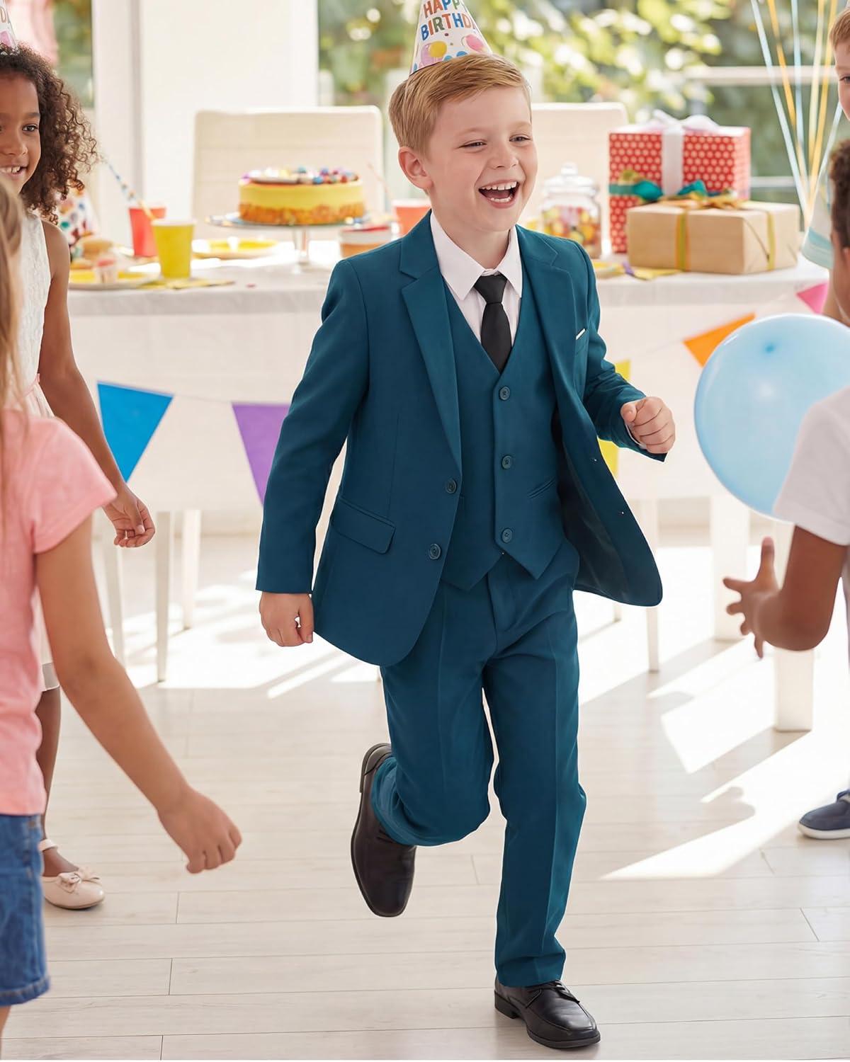 imageWULFUL Boys Formal Suit SetSlim Fit Tuxedo Wedding Suit 616 Years with Adjustable WaistBlue