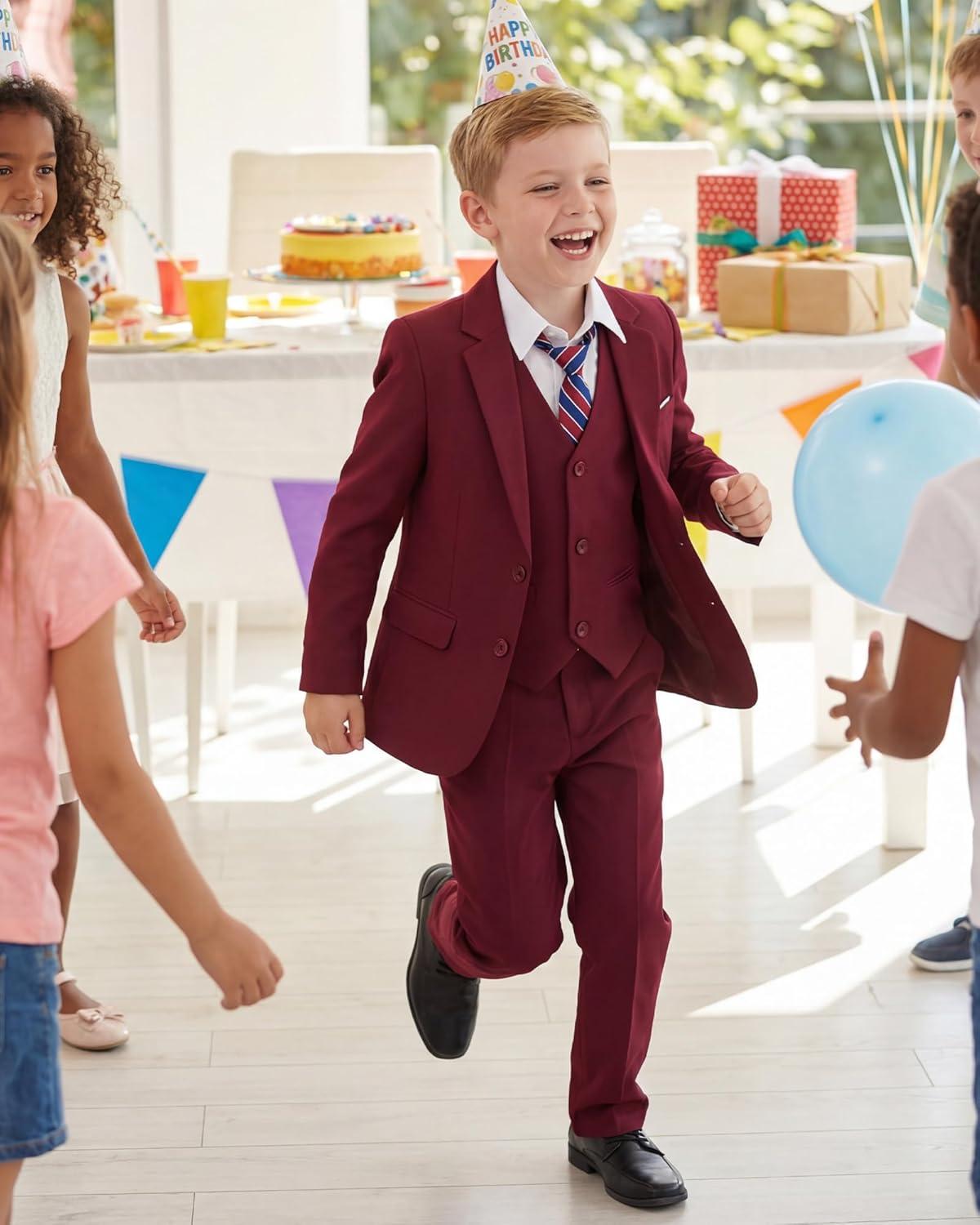imageWULFUL Boys Formal Suit SetSlim Fit Tuxedo Wedding Suit 616 Years with Adjustable WaistRed