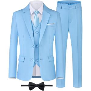WULFUL Boys’ Formal Suit Set,Slim Fit Tuxedo Wedding Suit 6-16 Years with Adjustable Waist(Light Blue)