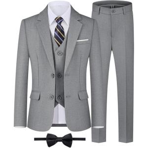 WULFUL Boys’ Formal Suit Set,Slim Fit Tuxedo Wedding Suit 6-16 Years with Adjustable Waist(Light Grey)