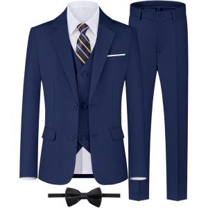 WULFUL Boys’ Formal Suit Set,Slim Fit Tuxedo Wedding Suit 6-16 Years with Adjustable Waist(Navy)