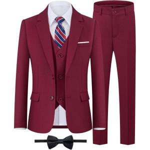 WULFUL Boys’ Formal Suit Set,Slim Fit Tuxedo Wedding Suit 6-16 Years with Adjustable Waist(Red)