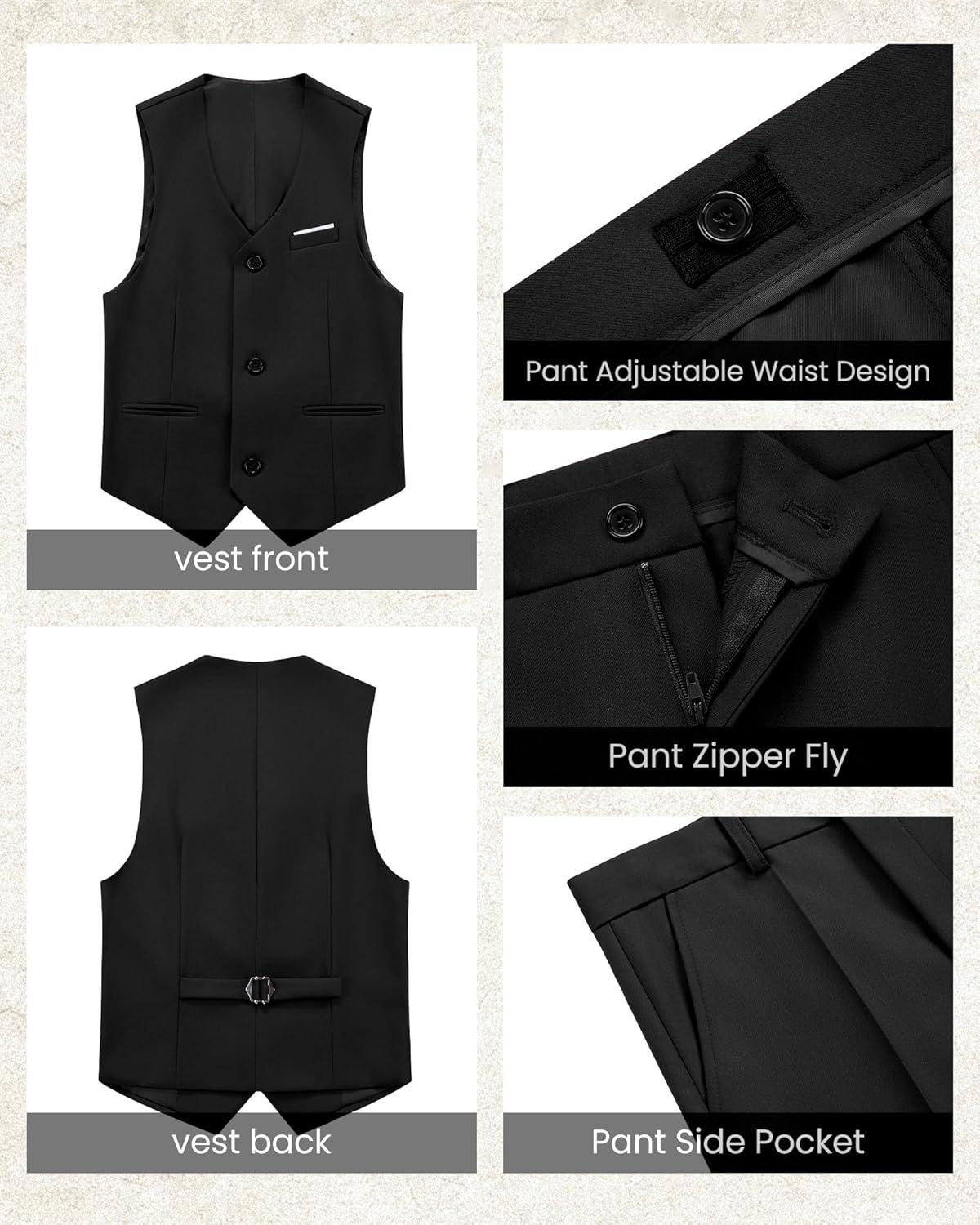 imageWULFUL Boys 5 Pieces Tuxedo Suit Set Kids Suits Shawl Collar Jacket Pant Vest and Bow Tie for Wedding Ring Bearer Party PromBlack
