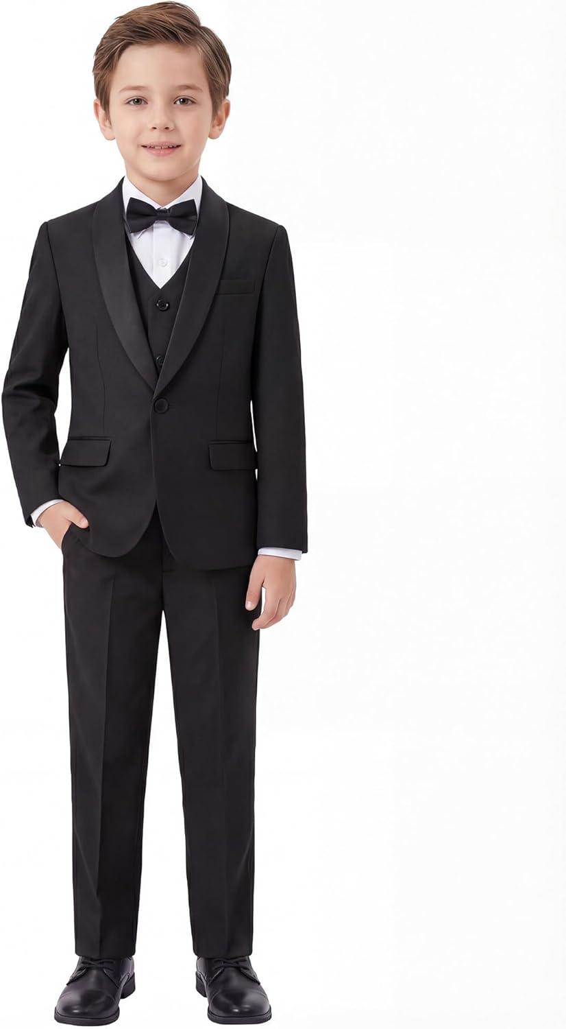 imageWULFUL Boys 5 Pieces Tuxedo Suit Set Kids Suits Shawl Collar Jacket Pant Vest and Bow Tie for Wedding Ring Bearer Party PromBlack