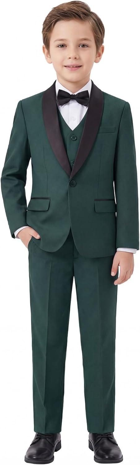 imageWULFUL Boys 5 Pieces Tuxedo Suit Set Kids Suits Shawl Collar Jacket Pant Vest and Bow Tie for Wedding Ring Bearer Party PromDeep Green