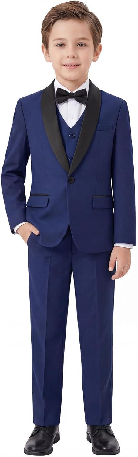 imageWULFUL Boys 5 Pieces Tuxedo Suit Set Kids Suits Shawl Collar Jacket Pant Vest and Bow Tie for Wedding Ring Bearer Party PromNavy
