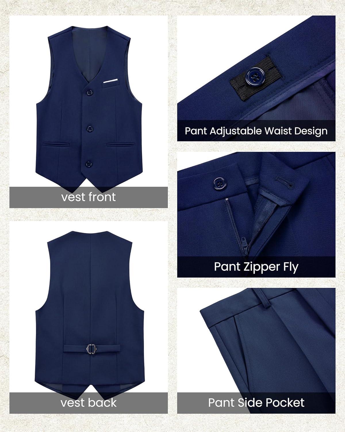 imageWULFUL Boys 5 Pieces Tuxedo Suit Set Kids Suits Shawl Collar Jacket Pant Vest and Bow Tie for Wedding Ring Bearer Party PromNavy