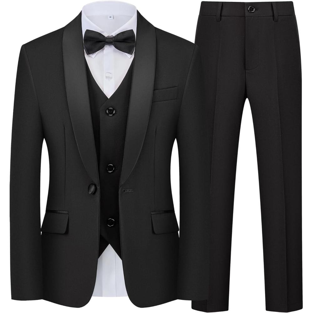 imageWULFUL Boys 5 Pieces Tuxedo Suit Set Kids Suits Shawl Collar Jacket Pant Vest and Bow Tie for Wedding Ring Bearer Party PromBlack