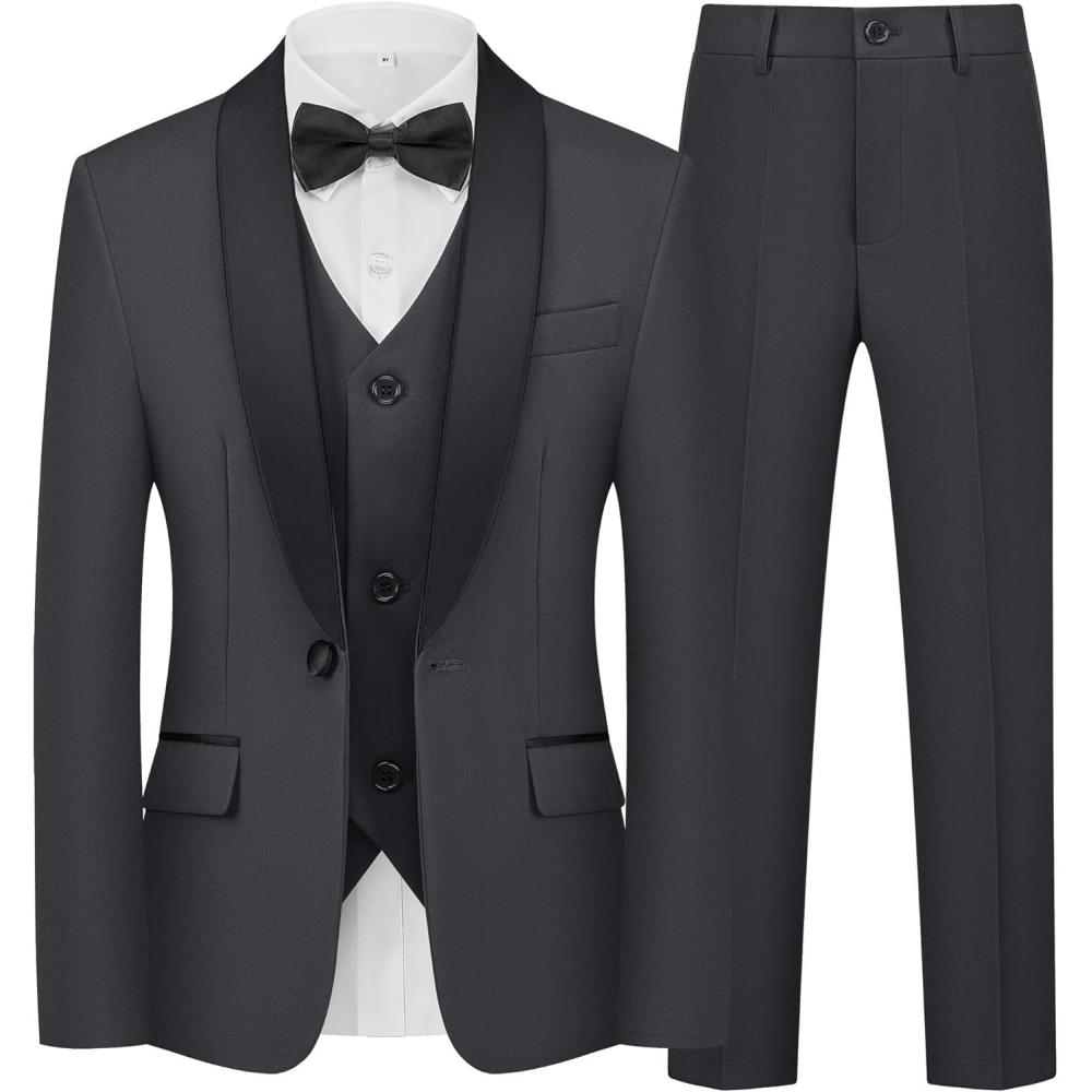 imageWULFUL Boys 5 Pieces Tuxedo Suit Set Kids Suits Shawl Collar Jacket Pant Vest and Bow Tie for Wedding Ring Bearer Party PromDark Grey