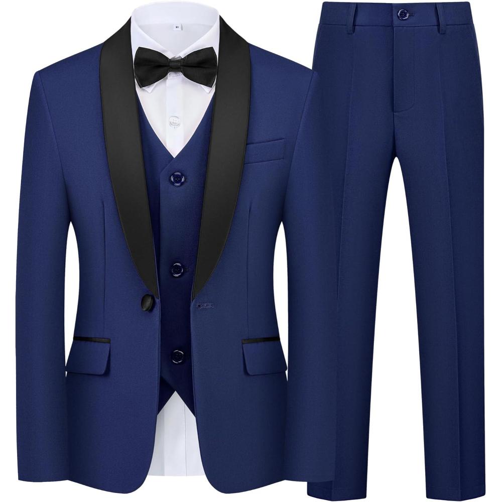 imageWULFUL Boys 5 Pieces Tuxedo Suit Set Kids Suits Shawl Collar Jacket Pant Vest and Bow Tie for Wedding Ring Bearer Party PromNavy
