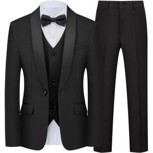 WULFUL Boys 5 Pieces Tuxedo Suit Set Kids Suits Shawl Collar Jacket Pant Vest and Bow Tie for Wedding Ring Bearer Party Prom(Black)