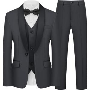 WULFUL Boys 5 Pieces Tuxedo Suit Set Kids Suits Shawl Collar Jacket Pant Vest and Bow Tie for Wedding Ring Bearer Party Prom(Dark Grey)