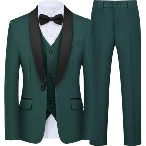 WULFUL Boys 5 Pieces Tuxedo Suit Set Kids Suits Shawl Collar Jacket Pant Vest and Bow Tie for Wedding Ring Bearer Party Prom(Deep Green)