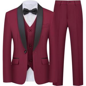 WULFUL Boys 5 Pieces Tuxedo Suit Set Kids Suits Shawl Collar Jacket Pant Vest and Bow Tie for Wedding Ring Bearer Party Prom(Wine Red)