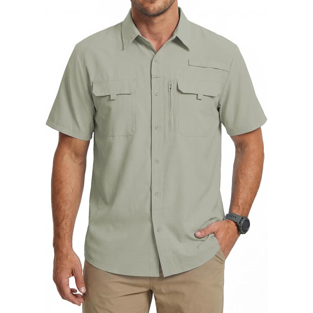 imageWULFUL Mens Sun Protection Fishing Shirts UPF 50 Lightweight Quick Dry Cooling Short Sleeve Shirts for Work Hiking SafariSage Green