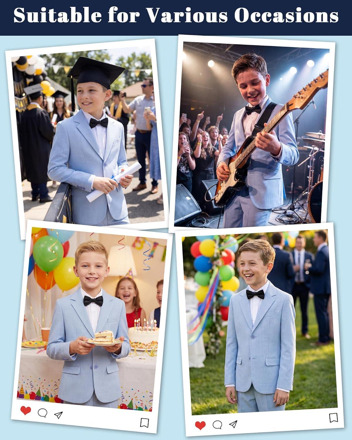 imageWULFUL Boys Slim Fit Suit 3 PiecesJacket Pants ShirtSummer Suit Set for Teens Boys Wedding Beach with Extra Bow TieLight Blue