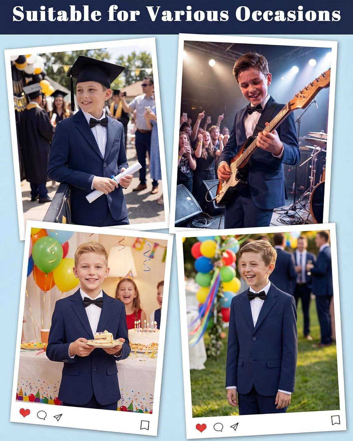 imageWULFUL Boys Slim Fit Suit 3 PiecesJacket Pants ShirtSummer Suit Set for Teens Boys Wedding Beach with Extra Bow TieNavy