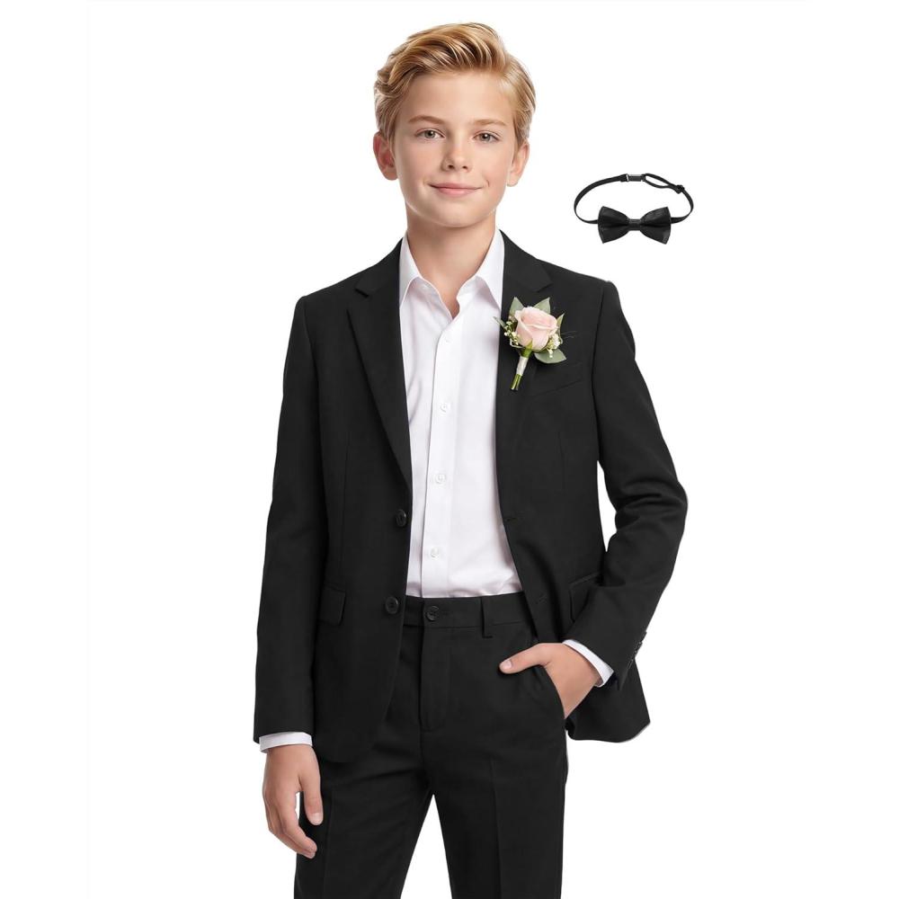 imageWULFUL Boys Slim Fit Suit 3 PiecesJacket Pants ShirtSummer Suit Set for Teens Boys Wedding Beach with Extra Bow TieBlack