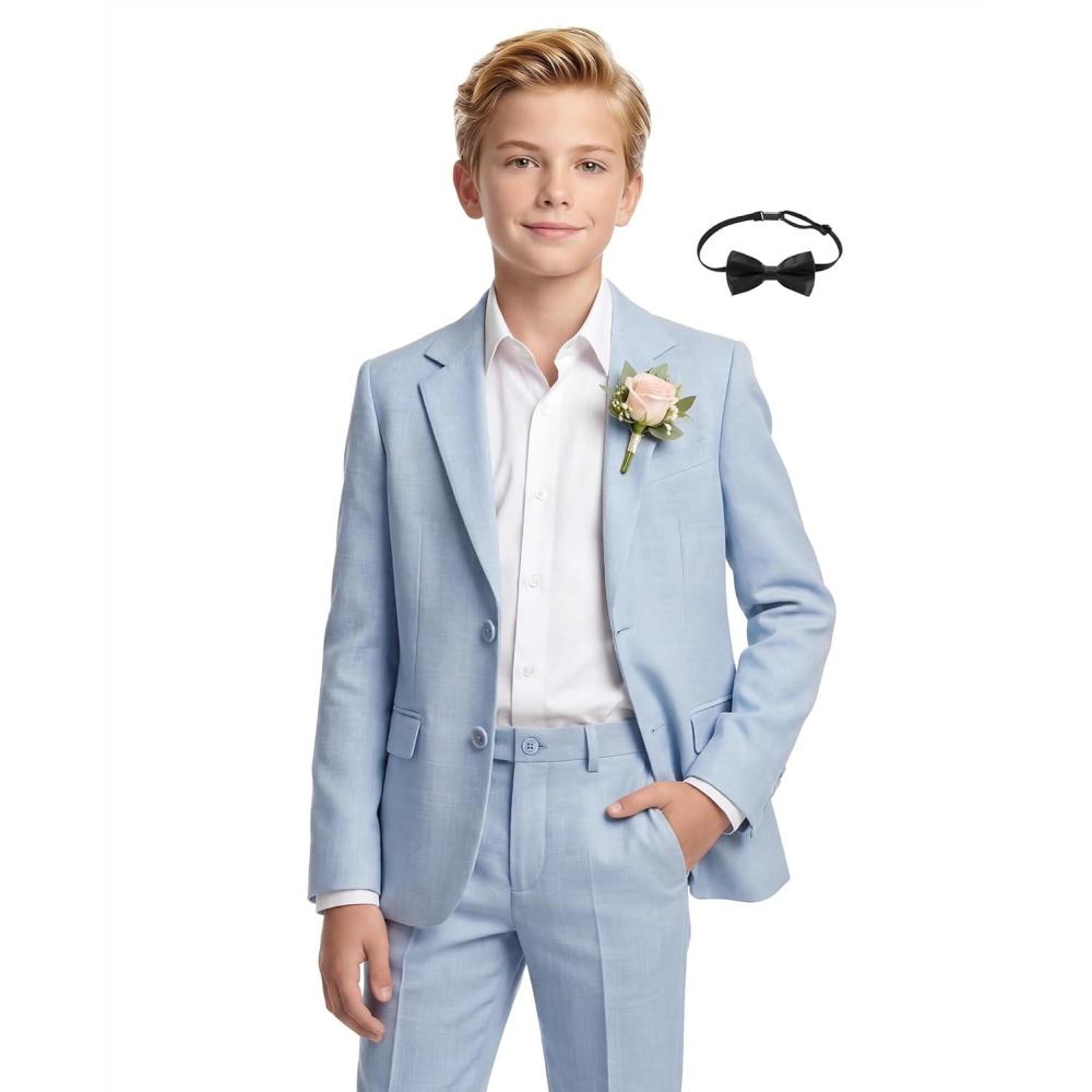 imageWULFUL Boys Slim Fit Suit 3 PiecesJacket Pants ShirtSummer Suit Set for Teens Boys Wedding Beach with Extra Bow TieLight Blue