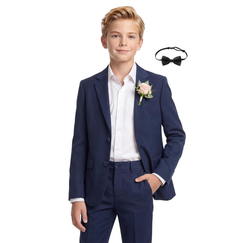 imageWULFUL Boys Slim Fit Suit 3 PiecesJacket Pants ShirtSummer Suit Set for Teens Boys Wedding Beach with Extra Bow TieNavy
