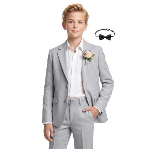 WULFUL Boys’ Slim Fit Suit 3 Pieces:Jacket, Pants, Shirt,Summer Suit Set for Teens Boys Wedding Beach with Extra Bow Tie(Grey)