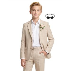 WULFUL Boys’ Slim Fit Suit 3 Pieces:Jacket, Pants, Shirt,Summer Suit Set for Teens Boys Wedding Beach with Extra Bow Tie(Khaki)