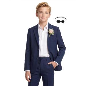 WULFUL Boys’ Slim Fit Suit 3 Pieces:Jacket, Pants, Shirt,Summer Suit Set for Teens Boys Wedding Beach with Extra Bow Tie(Navy)