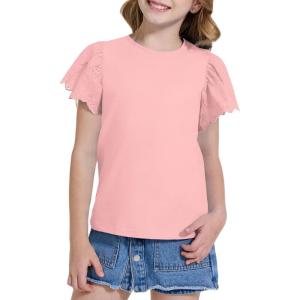 WULFUL Girls Shirts Fashion Cotton Summer Short Sleeve Tops Casual T-Shirts 4-15 Years Old(Pink)