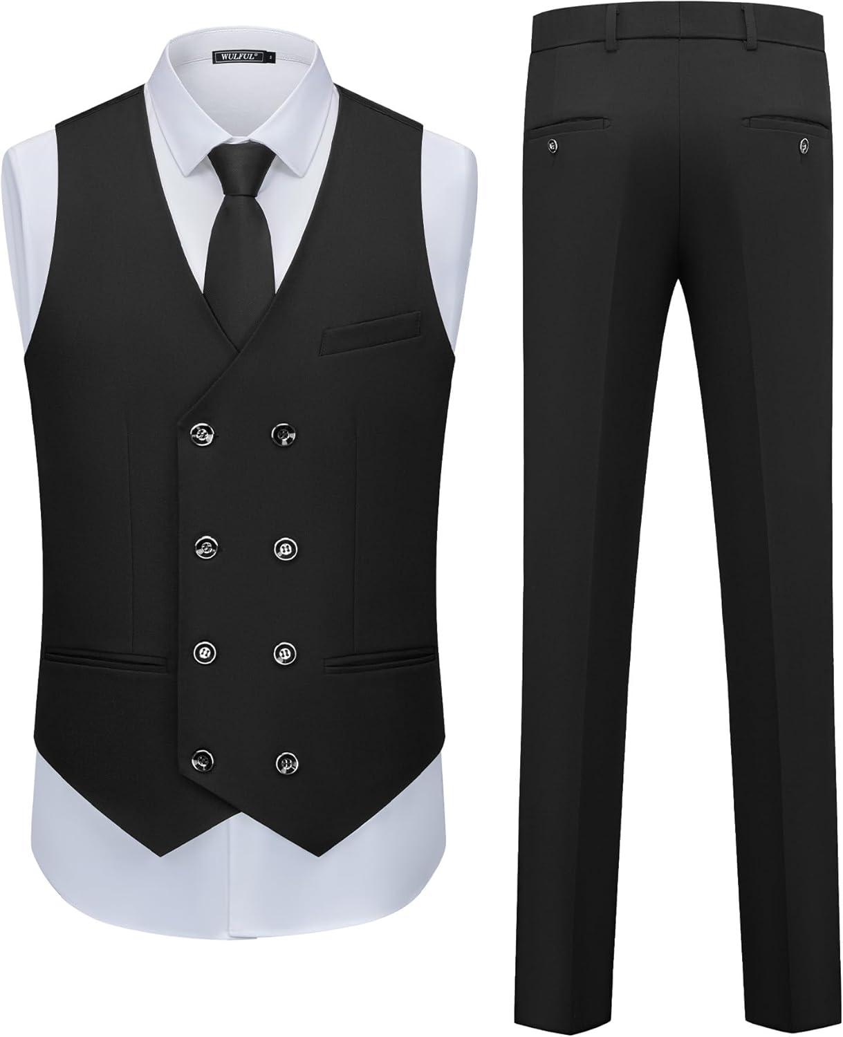 imageWULFUL Slim Fit Tuxedo for Men One Button Suit Set Prom Party Wedding Tux Mens Suits 3 PieceBlack