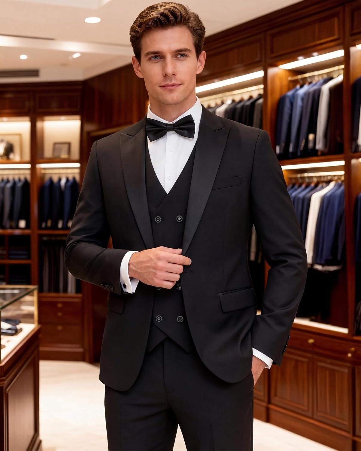 imageWULFUL Slim Fit Tuxedo for Men One Button Suit Set Prom Party Wedding Tux Mens Suits 3 PieceBlack