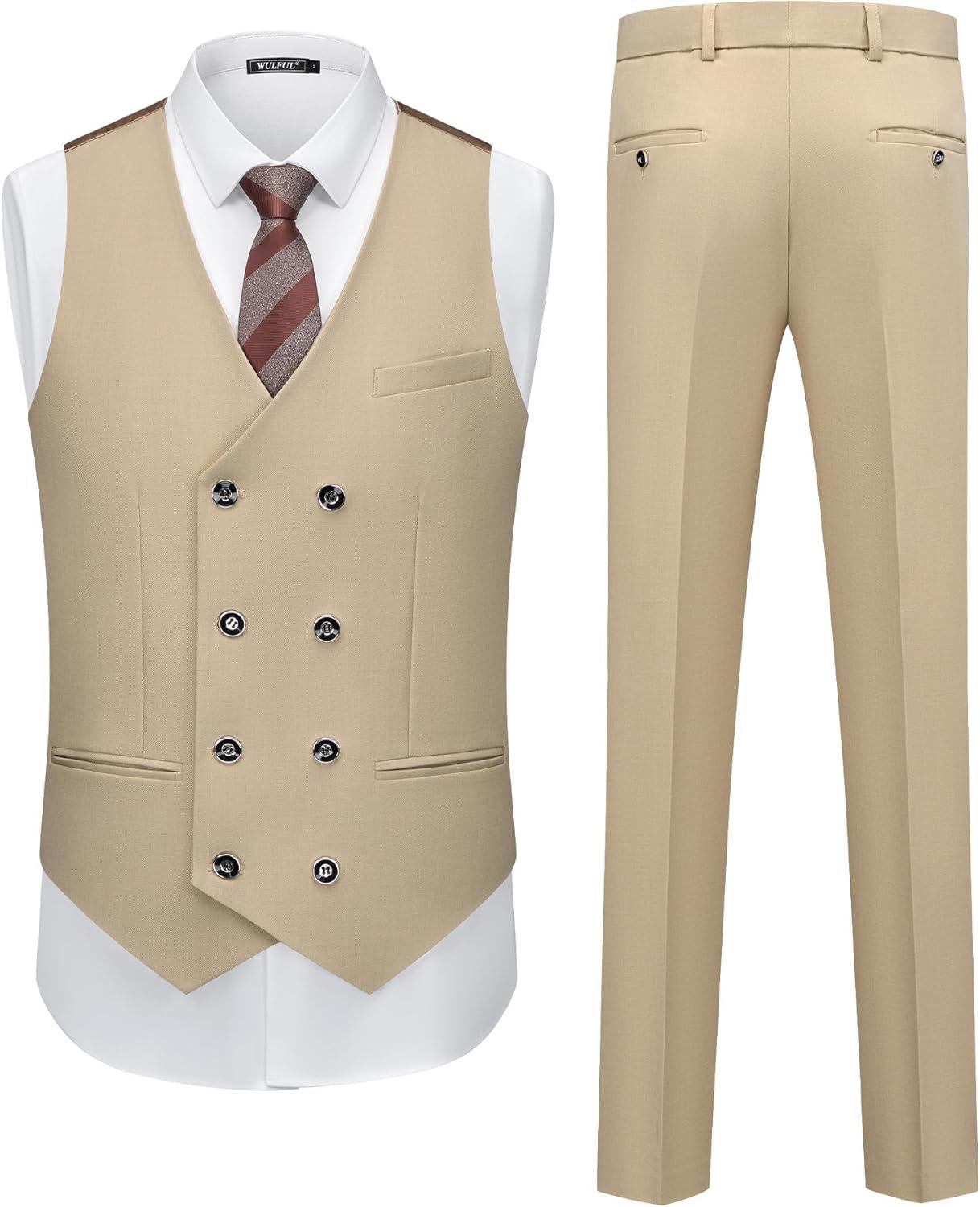 imageWULFUL Slim Fit Tuxedo for Men One Button Suit Set Prom Party Wedding Tux Mens Suits 3 PieceKhaki
