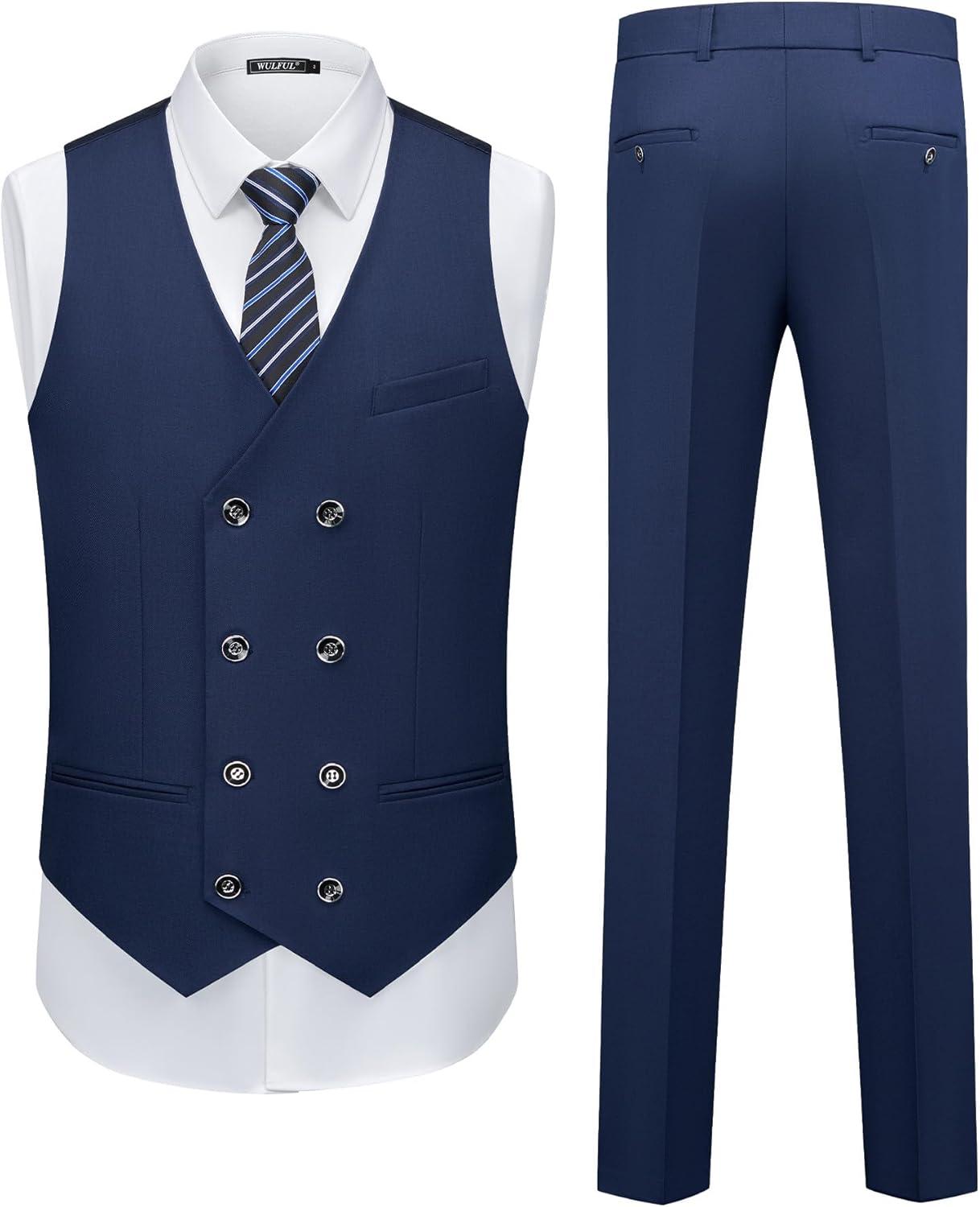 imageWULFUL Slim Fit Tuxedo for Men One Button Suit Set Prom Party Wedding Tux Mens Suits 3 PieceNavy