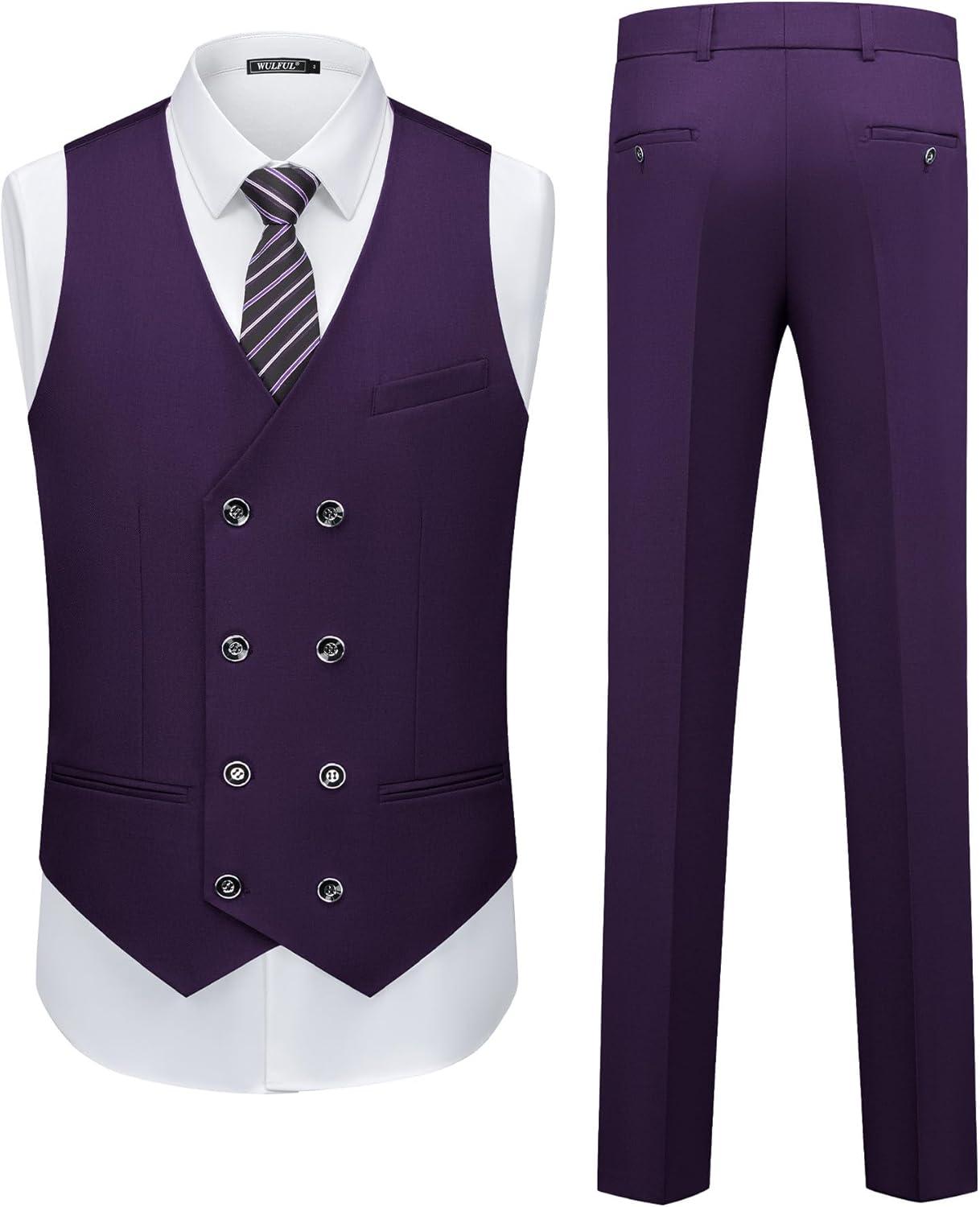 imageWULFUL Slim Fit Tuxedo for Men One Button Suit Set Prom Party Wedding Tux Mens Suits 3 PiecePurple