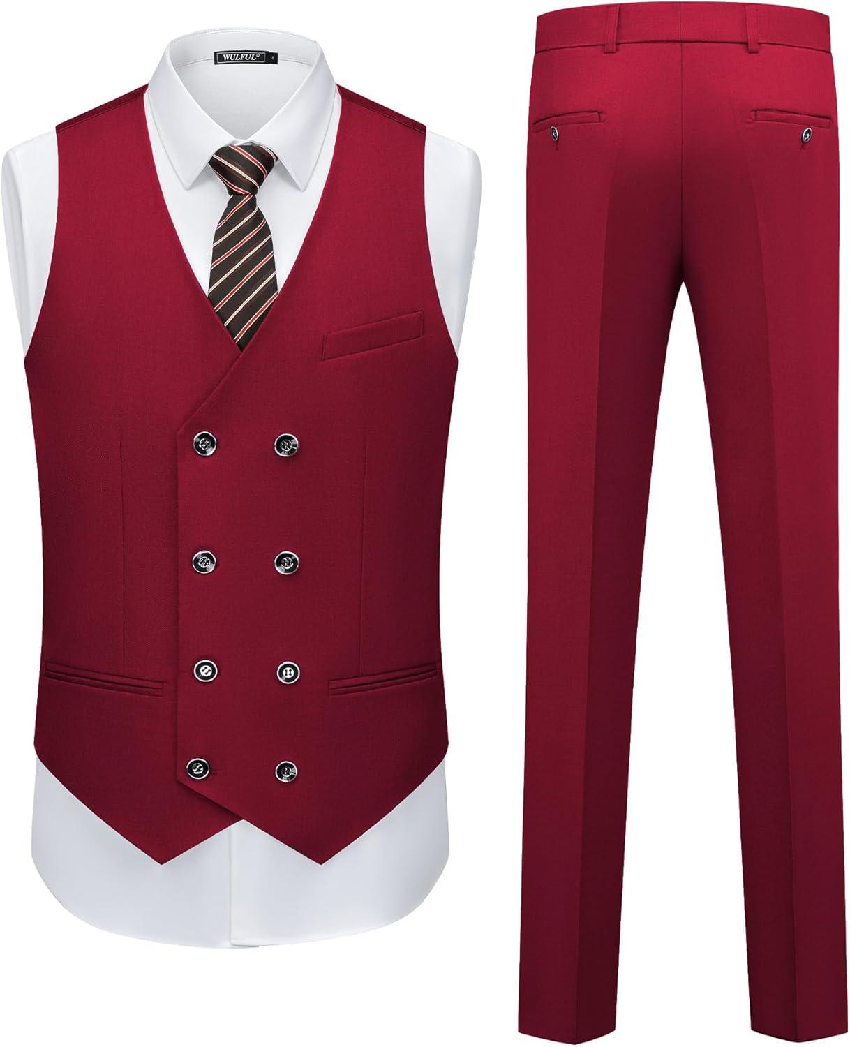 imageWULFUL Slim Fit Tuxedo for Men One Button Suit Set Prom Party Wedding Tux Mens Suits 3 PieceRed
