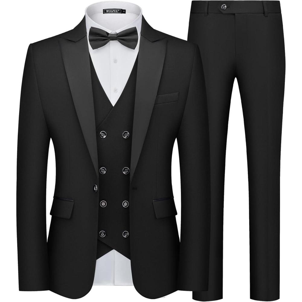 imageWULFUL Slim Fit Tuxedo for Men One Button Suit Set Prom Party Wedding Tux Mens Suits 3 PieceBlack