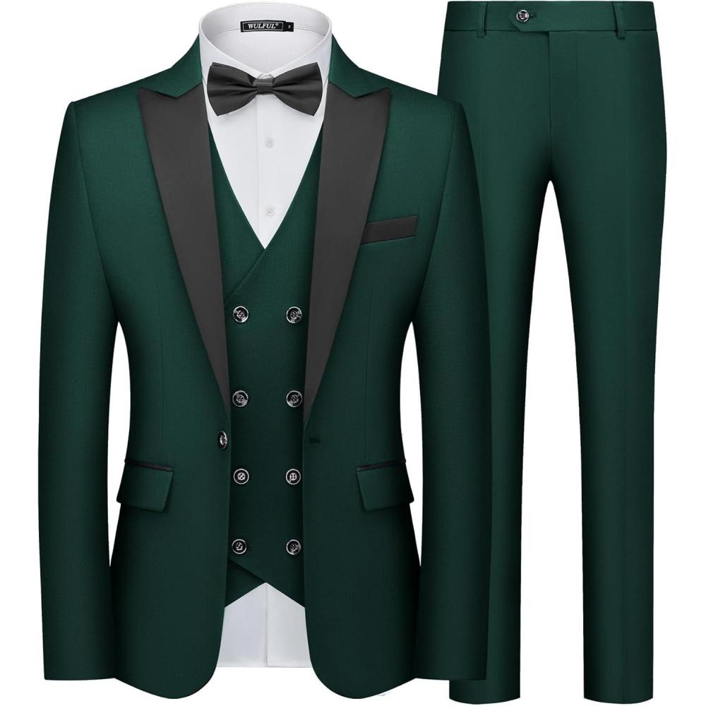 imageWULFUL Slim Fit Tuxedo for Men One Button Suit Set Prom Party Wedding Tux Mens Suits 3 PieceDark Green