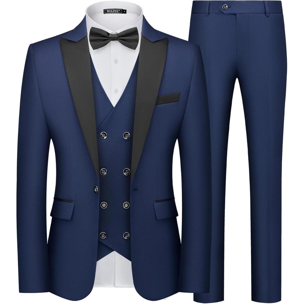 imageWULFUL Slim Fit Tuxedo for Men One Button Suit Set Prom Party Wedding Tux Mens Suits 3 PieceNavy