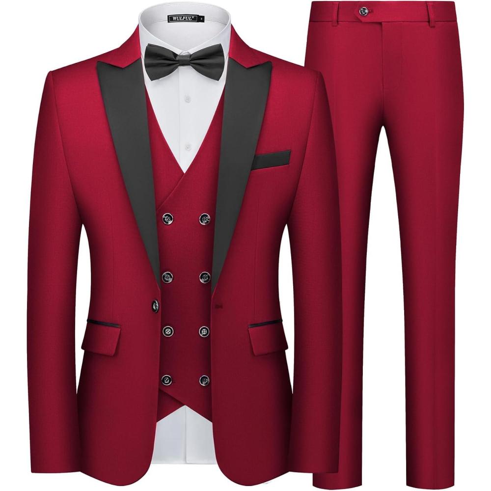 imageWULFUL Slim Fit Tuxedo for Men One Button Suit Set Prom Party Wedding Tux Mens Suits 3 PieceRed