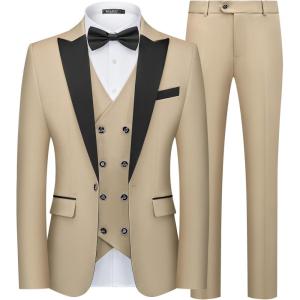 WULFUL Slim Fit Tuxedo for Men One Button Suit Set Prom Party Wedding Tux Men’s Suits 3 Piece(Khaki)