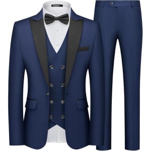 WULFUL Slim Fit Tuxedo for Men One Button Suit Set Prom Party Wedding Tux Men’s Suits 3 Piece(Navy)