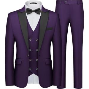 WULFUL Slim Fit Tuxedo for Men One Button Suit Set Prom Party Wedding Tux Men’s Suits 3 Piece(Purple)