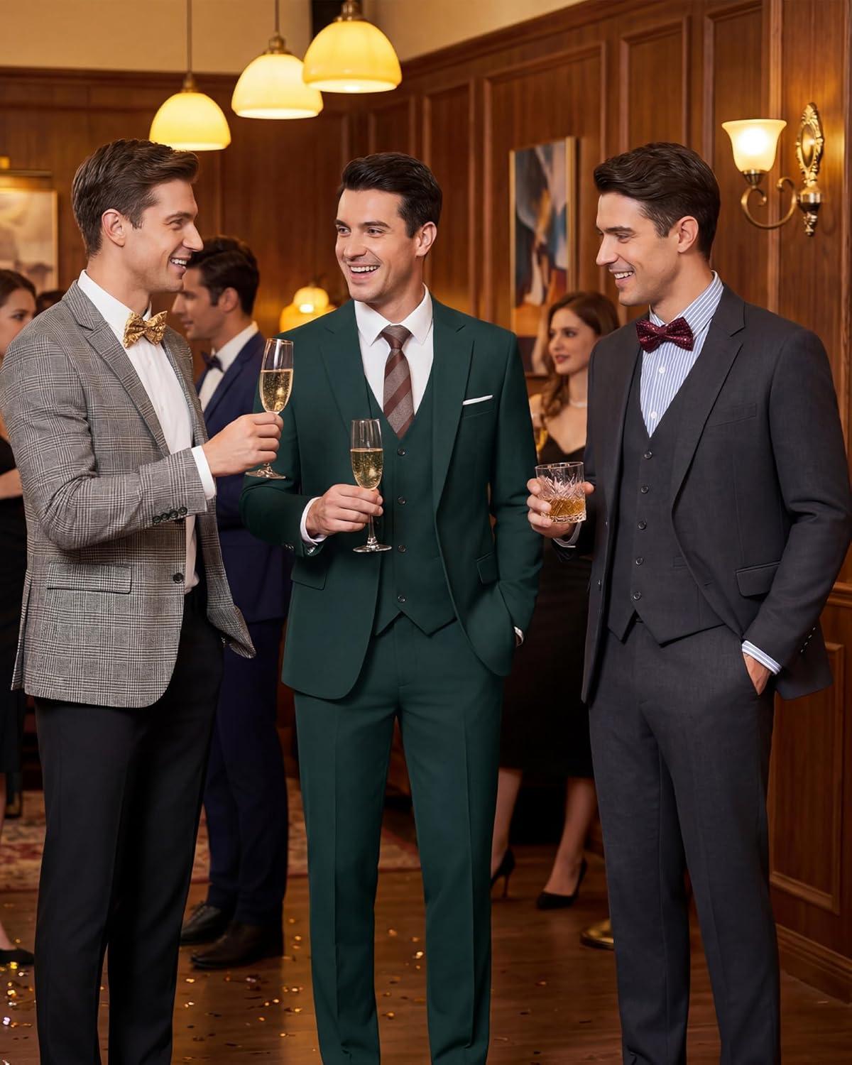 imageWULFUL Mens 3 Piece Slim Fit Suit Set Stretch One Button Blazer Jacket Vest amp Pants Tuxedo for Party Wedding BusinessBlackish Green
