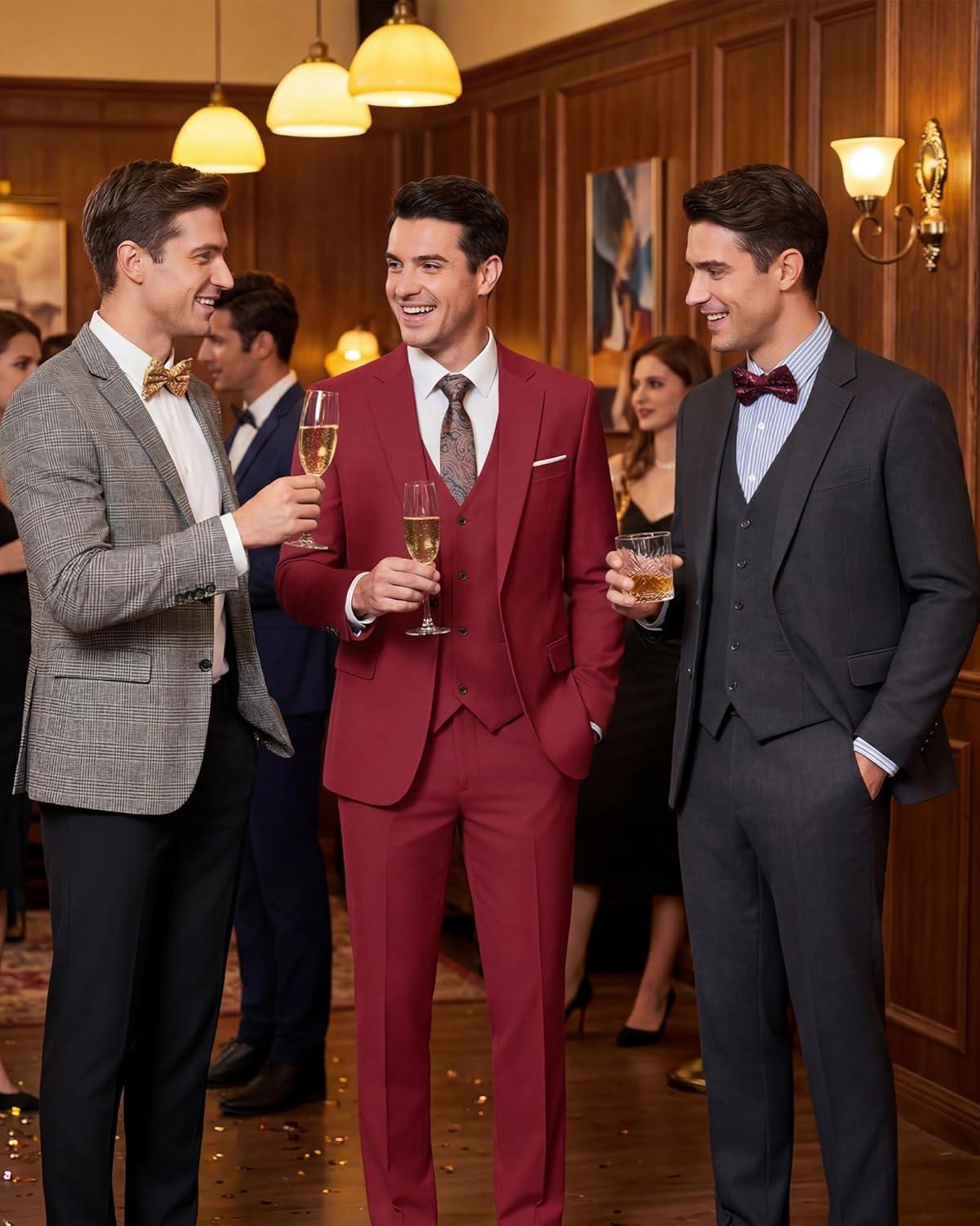 imageWULFUL Mens 3 Piece Slim Fit Suit Set Stretch One Button Blazer Jacket Vest amp Pants Tuxedo for Party Wedding BusinessRed