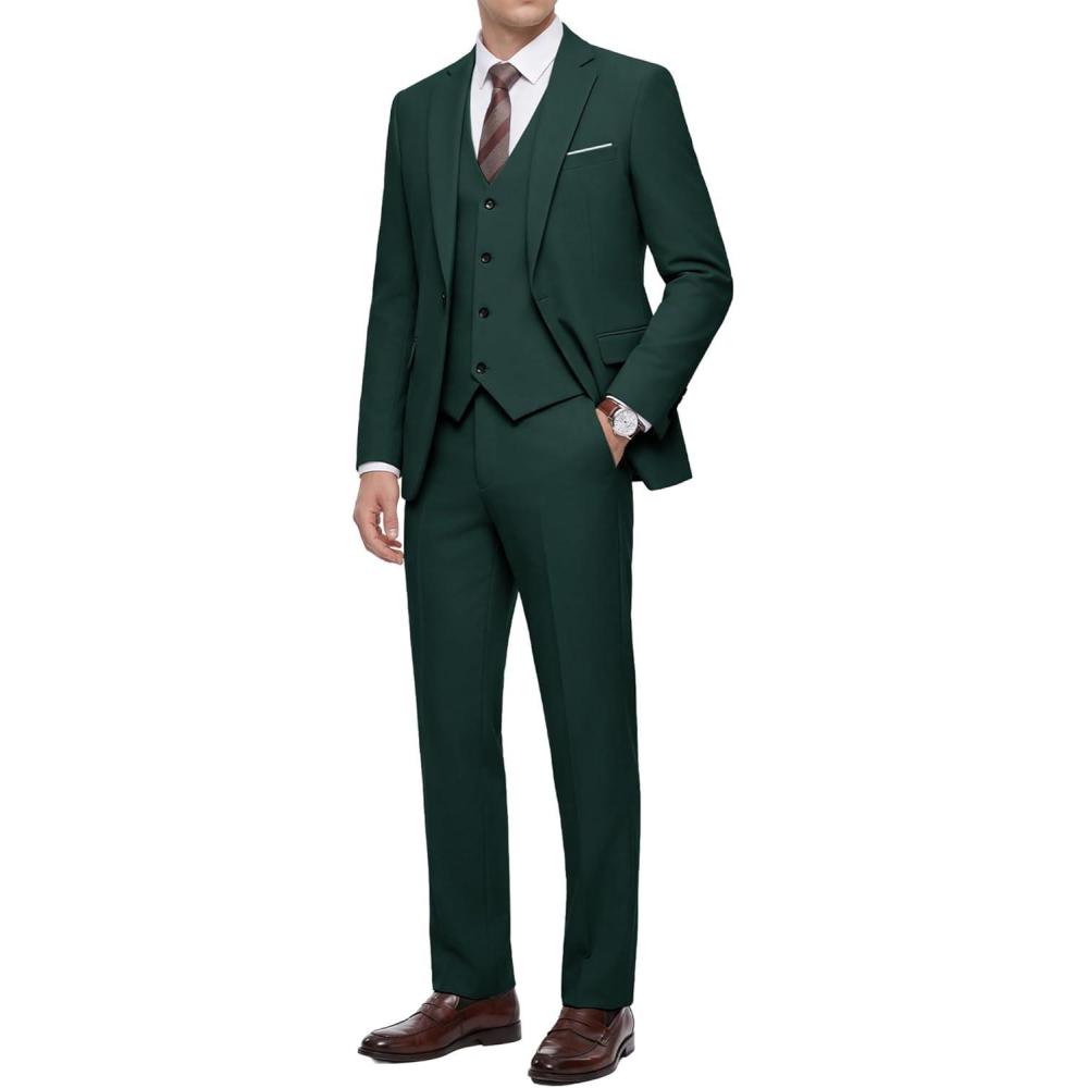 imageWULFUL Mens 3 Piece Slim Fit Suit Set Stretch One Button Blazer Jacket Vest amp Pants Tuxedo for Party Wedding BusinessBlackish Green